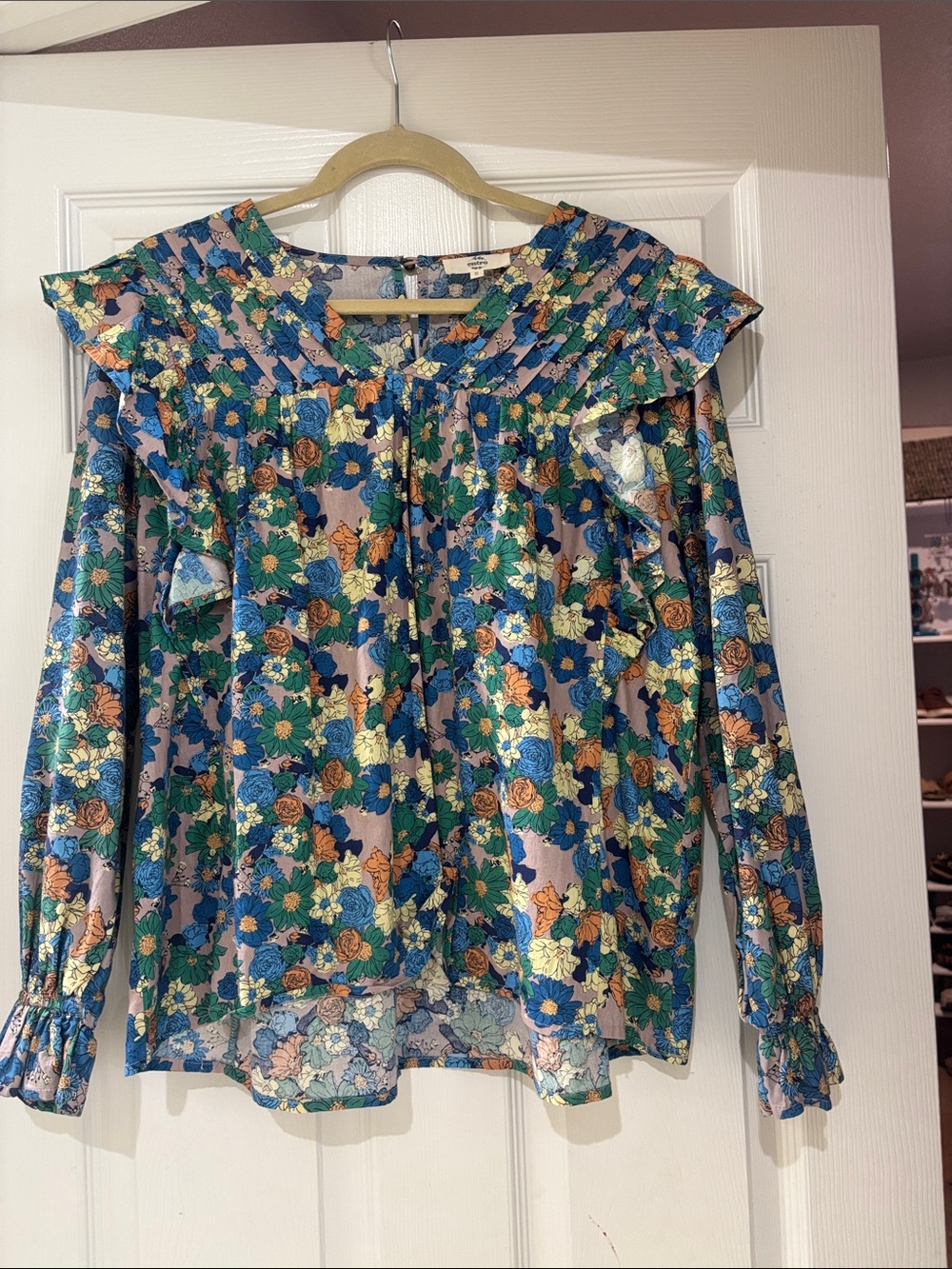 entro Blue Multi Floral Ruffle Yoke Blouse